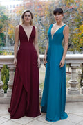 SICILIA - Burgundy Bridesmaid Maxi Dress - Deep V-Neck