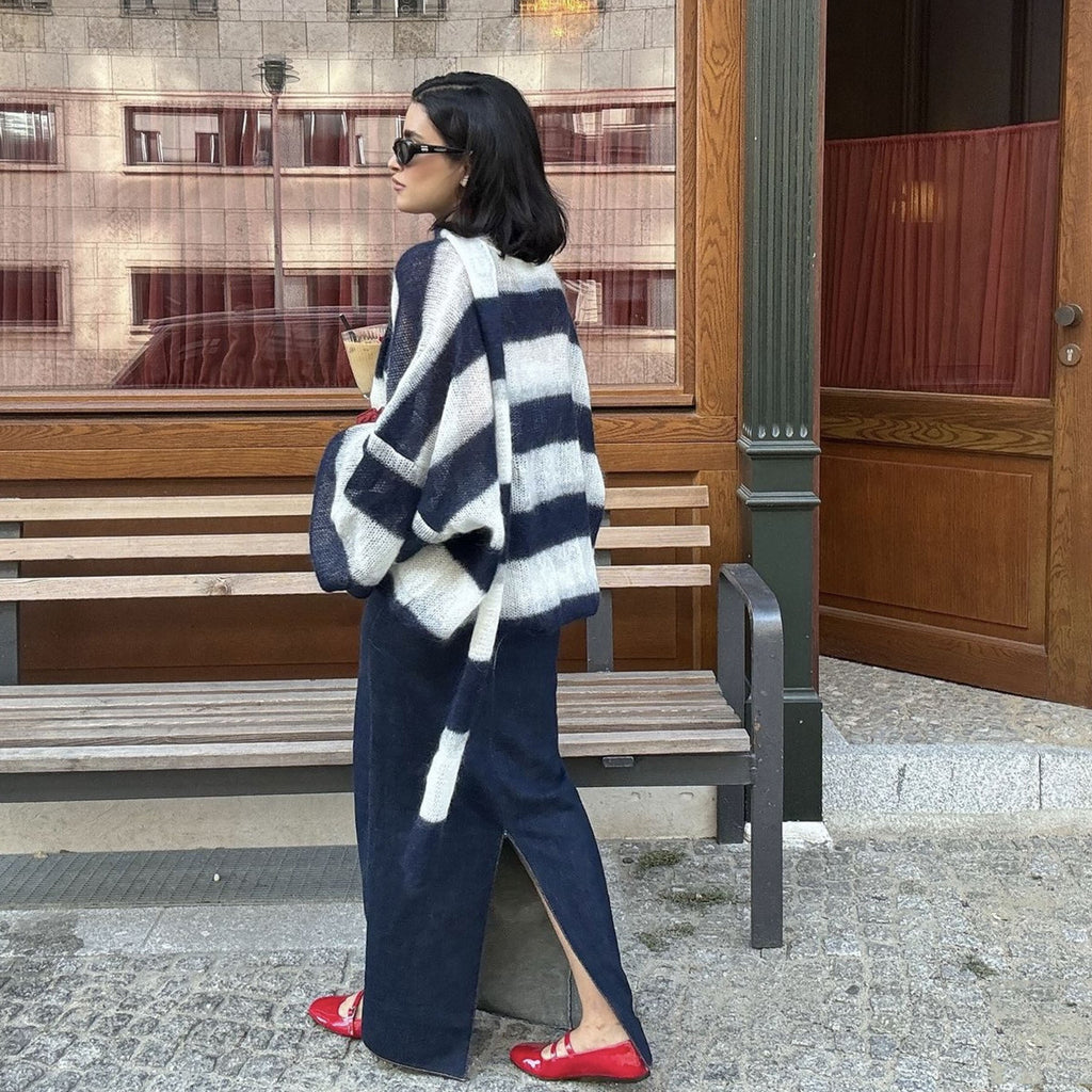 Ensemble deux pièces cardigan rayé ample et écharpe - Taille unique-3