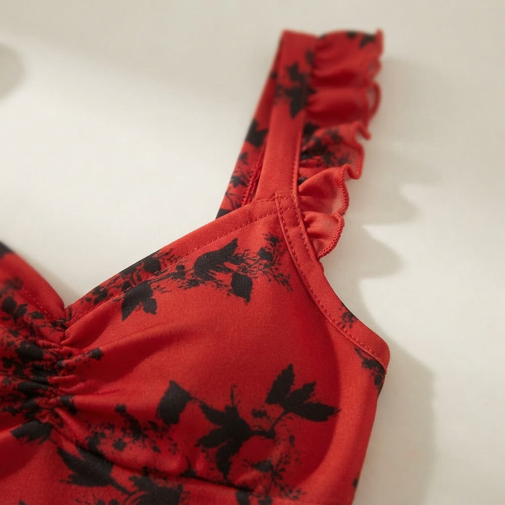 Robe à Fleurs Rouge - Fluide et Taille Marquée