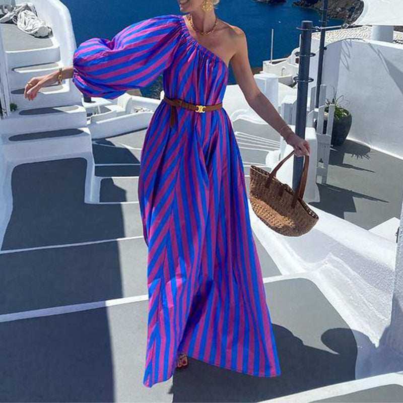 Robe bohème rayée asymétrique mi-longue à taille ajustable-2