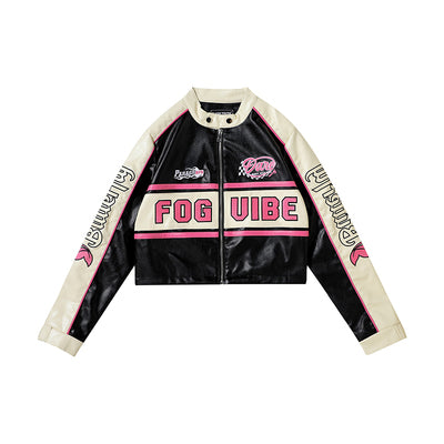 Blouson de moto pour femme en similicuir, style course, coupe ajustée-1
