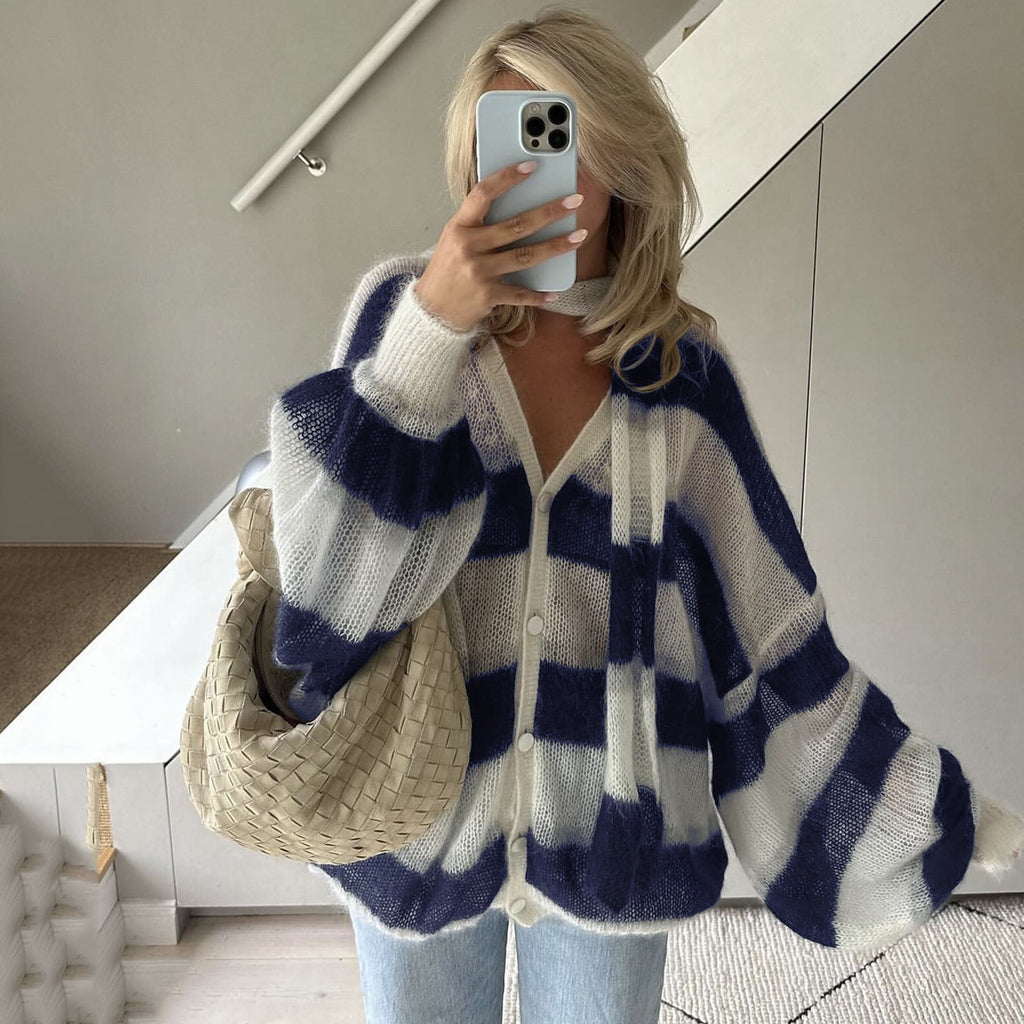 Ensemble deux pièces cardigan rayé ample et écharpe - Taille unique-5