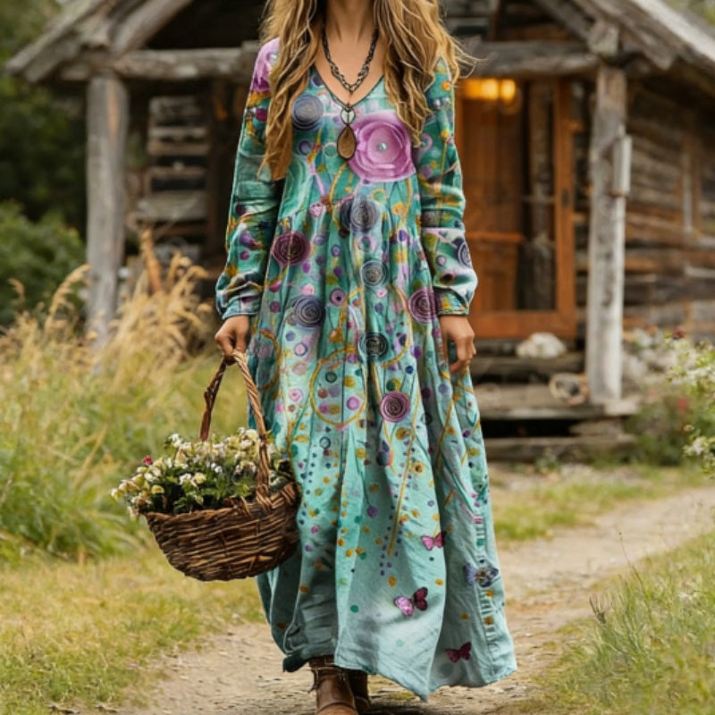 Robe maxi bohème à imprimé floral papillon et col en V, manches longues-0