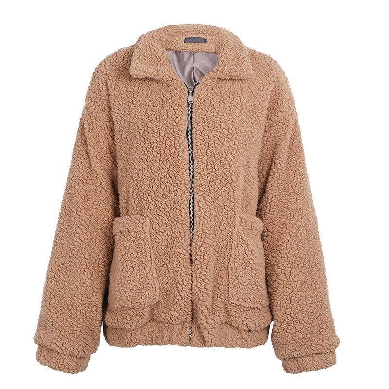 Veste oversize en fausse laine d'agneau pour femme, manteau d'hiver noir chaud-7