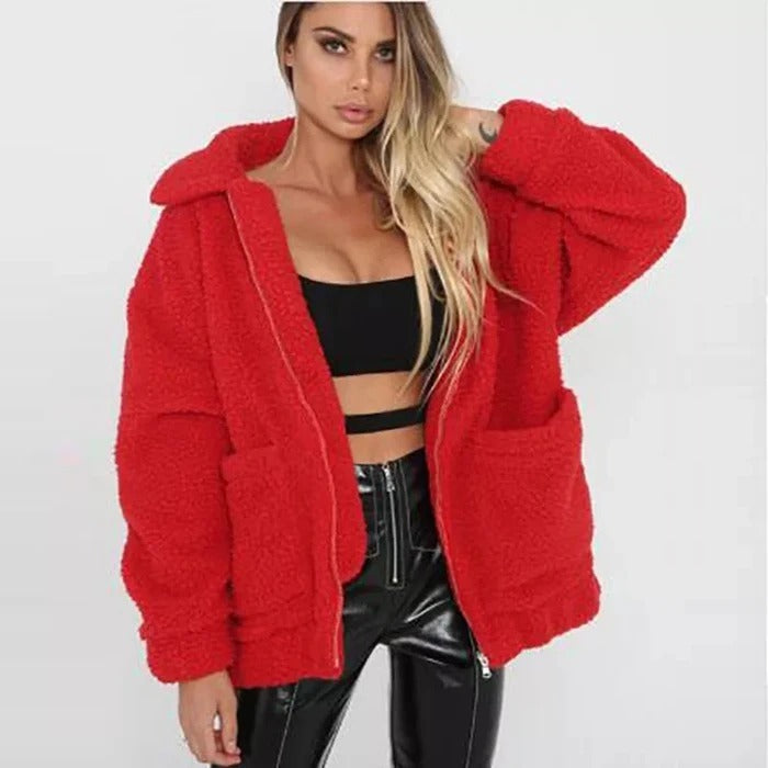 Veste oversize en fausse laine d'agneau pour femme, manteau d'hiver noir chaud-9