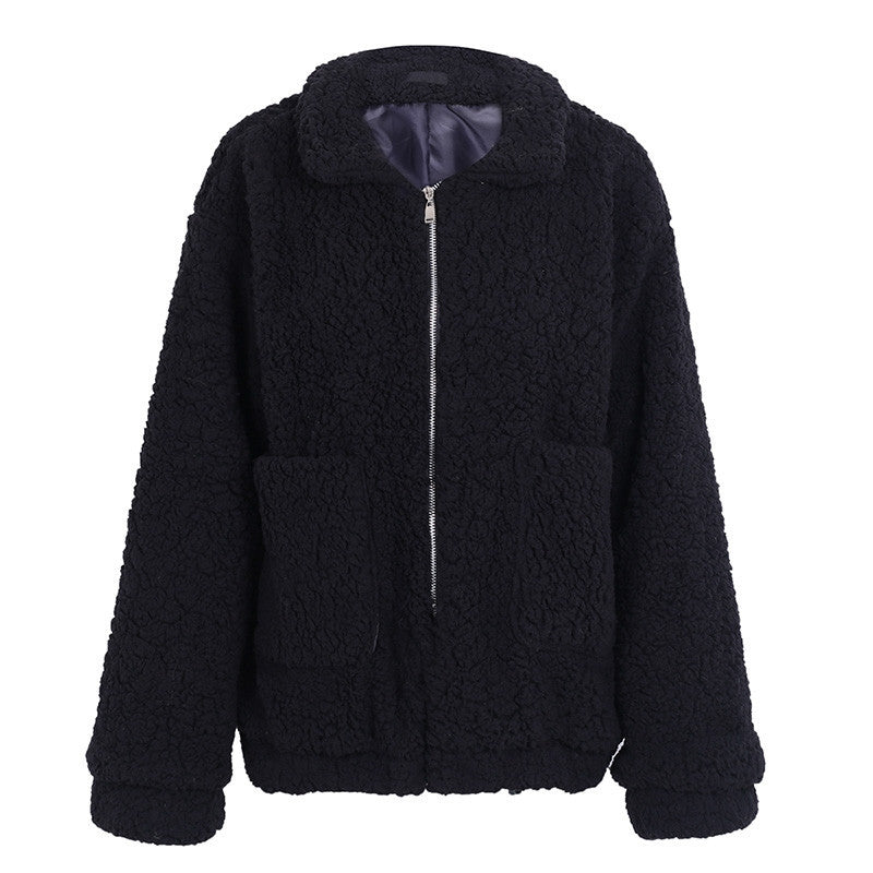 Veste oversize en fausse laine d'agneau pour femme, manteau d'hiver noir chaud-4