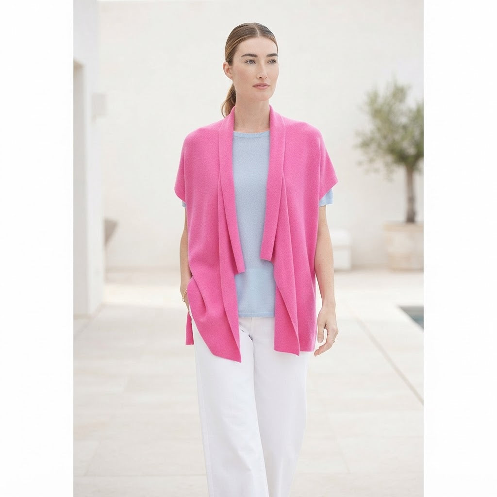 Gilet kimono manches courtes en cachemire rose barbie - RIA 4