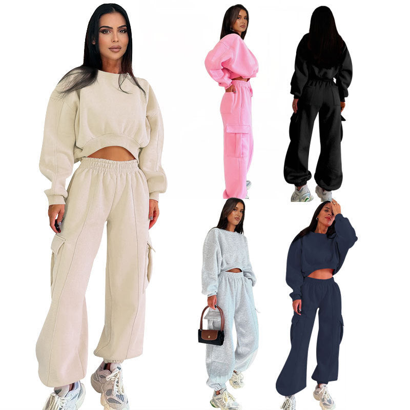 Ensemble pull taille haute et pantalon de survêtement ample pour femme avec poches-1