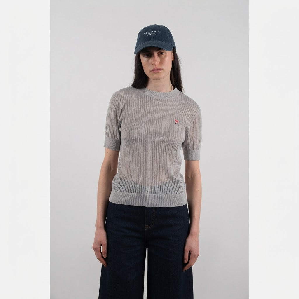 T-shirt col rond manches courtes femme en cachemire et laine ajouré ultrafin gris clair - FRIDA 8
