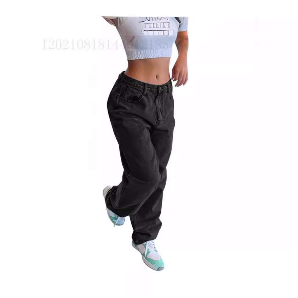 Pantalon en jean pour femme, style rétro décontracté, coupe ample, taille mi-haute, jambes droites-6