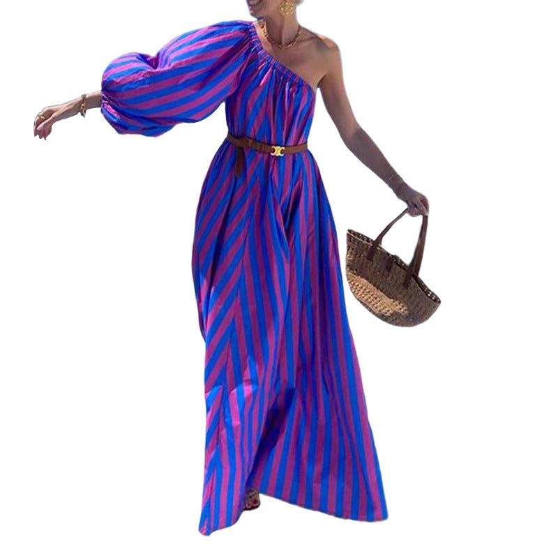 Robe bohème rayée asymétrique mi-longue à taille ajustable-1
