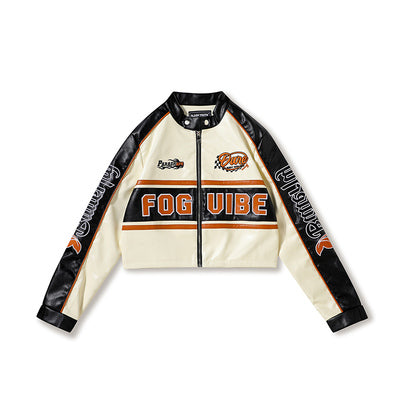 Blouson de moto pour femme en similicuir, style course, coupe ajustée-4