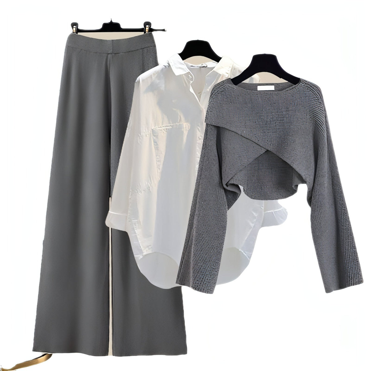 Ensemble 3 Pièces Chic - Pantalon Large + Chemise + Pull Croisé - BOURIQUE33