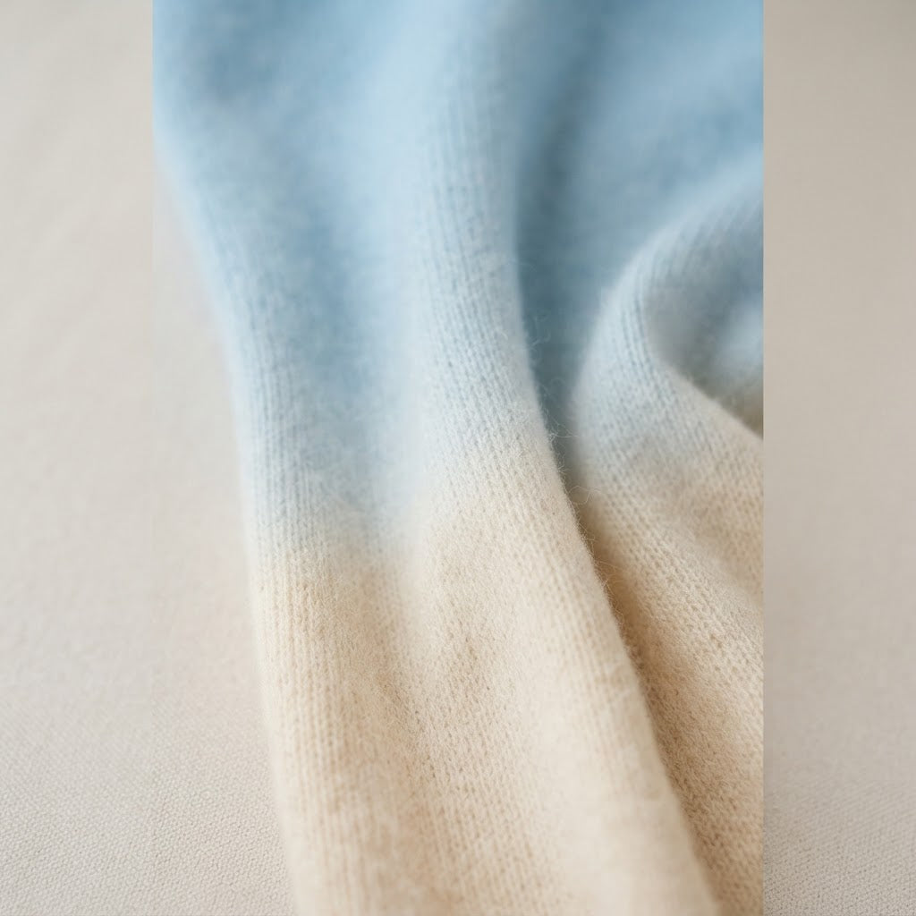 Gilet à manches courtes femme en cachemire déjaugé tie & dye blanc écru & bleu ciel - AVA 11A