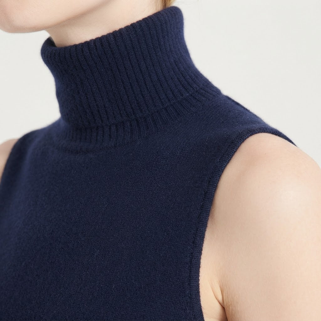 Pull col roulé sans manches femme en cachemire bleu marine - LILLY 13