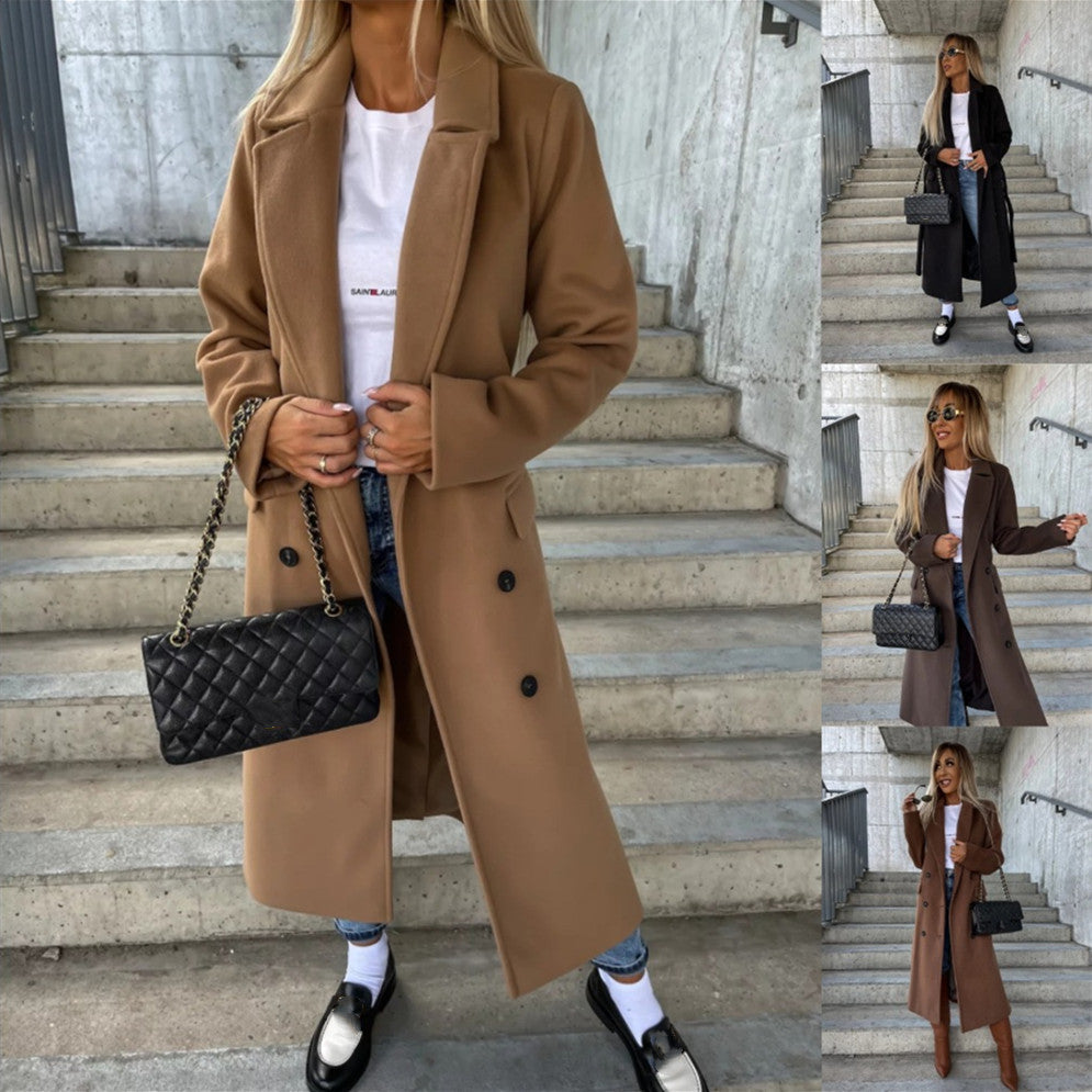 Manteau d'hiver décontracté à manches longues et ceinture croisée pour femme-0