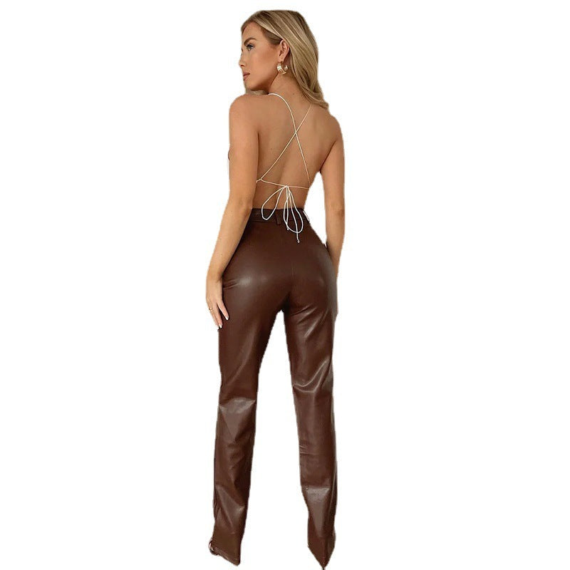 Pantalon décontracté pour femme en similicuir extensible, disponible en plusieurs coloris-3