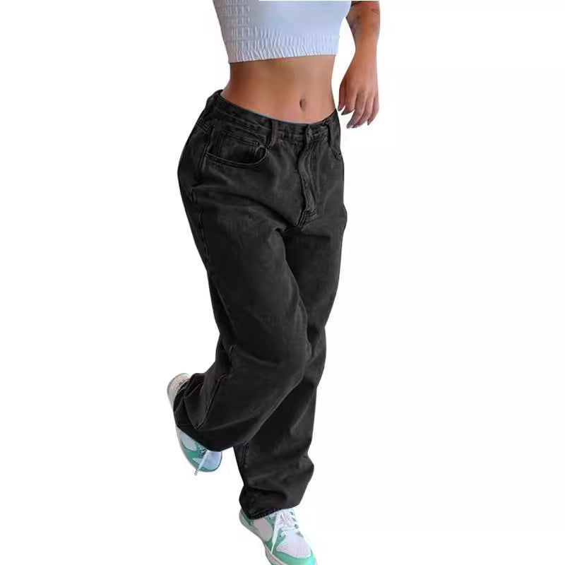 Pantalon en jean pour femme, style rétro décontracté, coupe ample, taille mi-haute, jambes droites-3