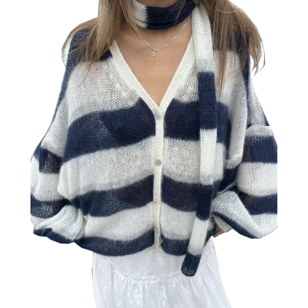 Ensemble deux pièces cardigan rayé ample et écharpe - Taille unique-4