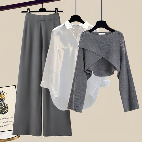 Ensemble 3 Pièces Chic - Pantalon Large + Chemise + Pull Croisé - BOURIQUE33