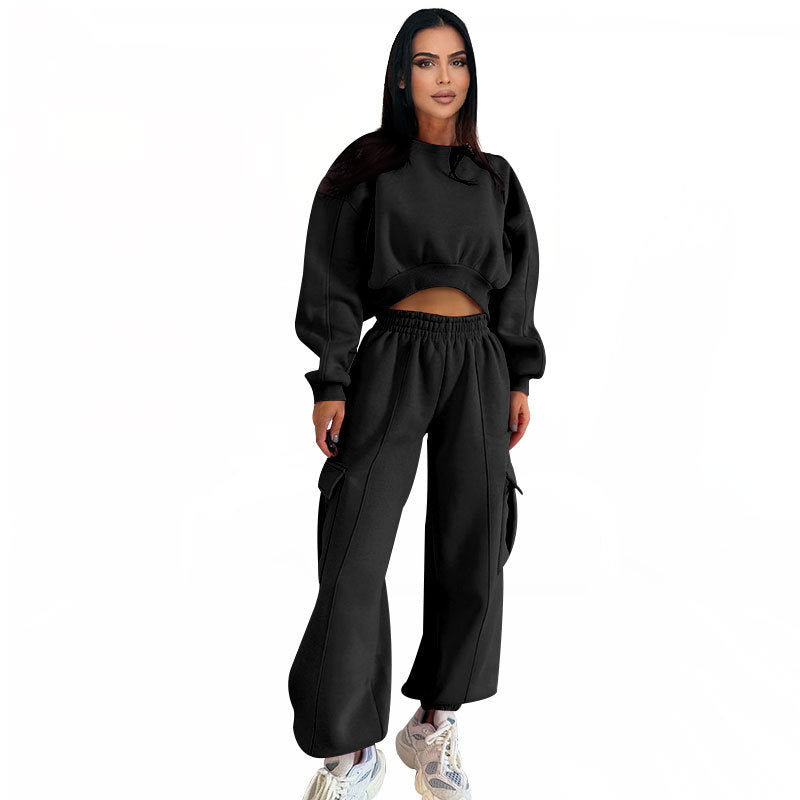 Ensemble pull taille haute et pantalon de survêtement ample pour femme avec poches-4