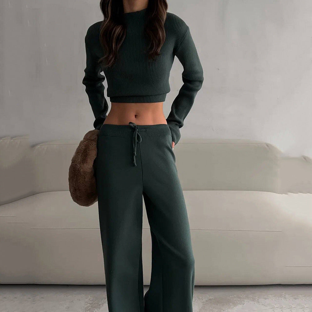 Ensemble de détente pour femme : haut à manches longues et pantalon, en mélange de coton-2
