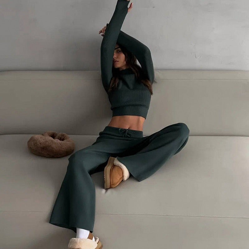 Ensemble de détente pour femme : haut à manches longues et pantalon, en mélange de coton-3