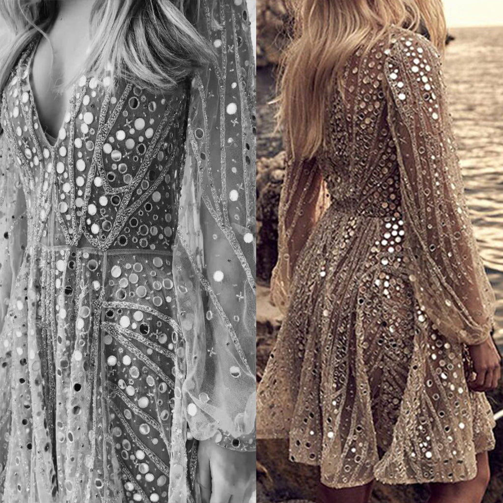 Robe de soirée à manches longues, ornée de sequins et de résille, style princesse-1