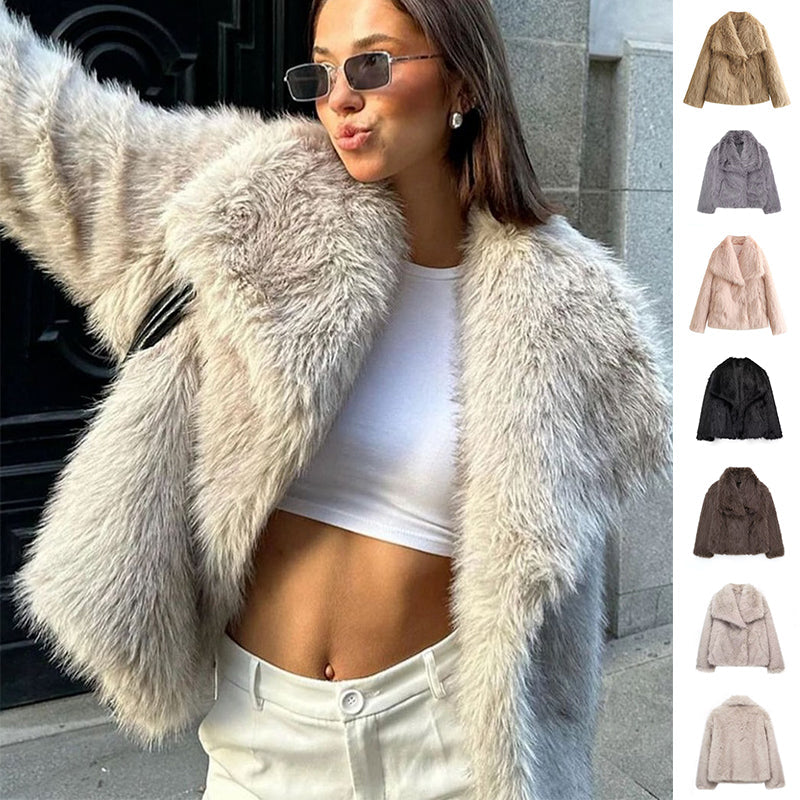 Manteau d'hiver pour femme en matière duveteuse, épais et chaud, avec revers-0