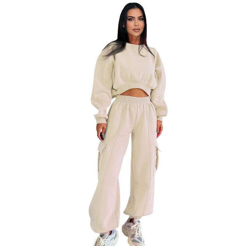 Ensemble pull taille haute et pantalon de survêtement ample pour femme avec poches-2