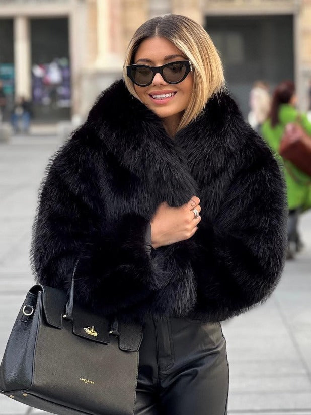 Manteau d'hiver pour femme en matière duveteuse, épais et chaud, avec revers-2