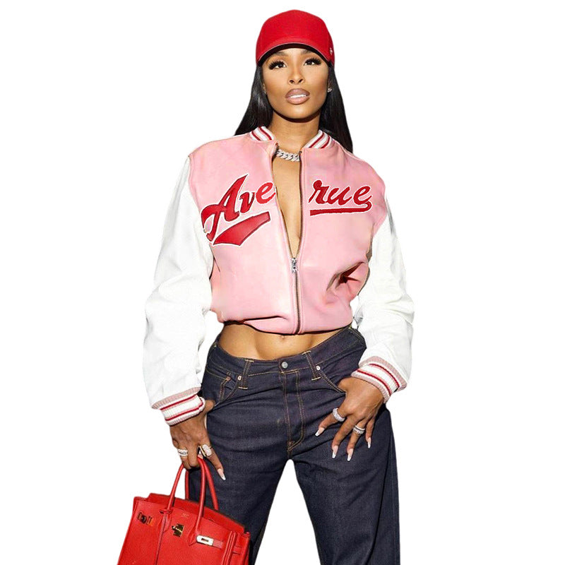 Veste de baseball rose décontractée, coupe ajustée, patchwork brodé-4