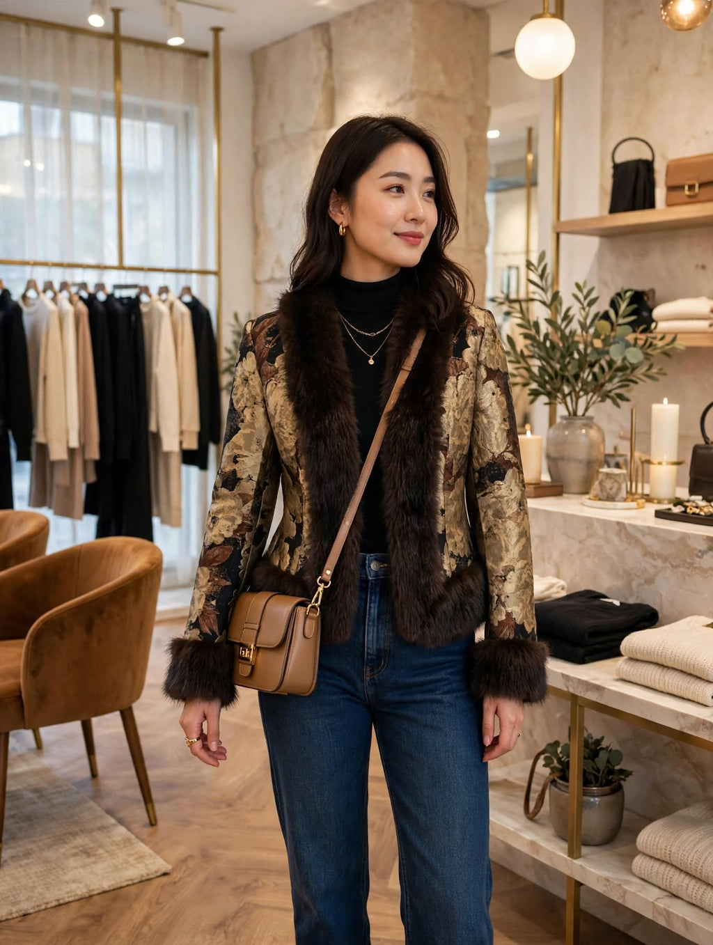 Veste Brocard Signature : Élégance Florale et Détails Fourrure