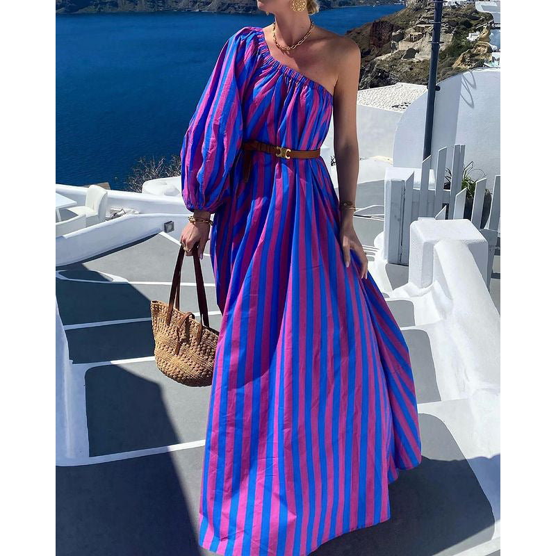 Robe bohème rayée asymétrique mi-longue à taille ajustable-5