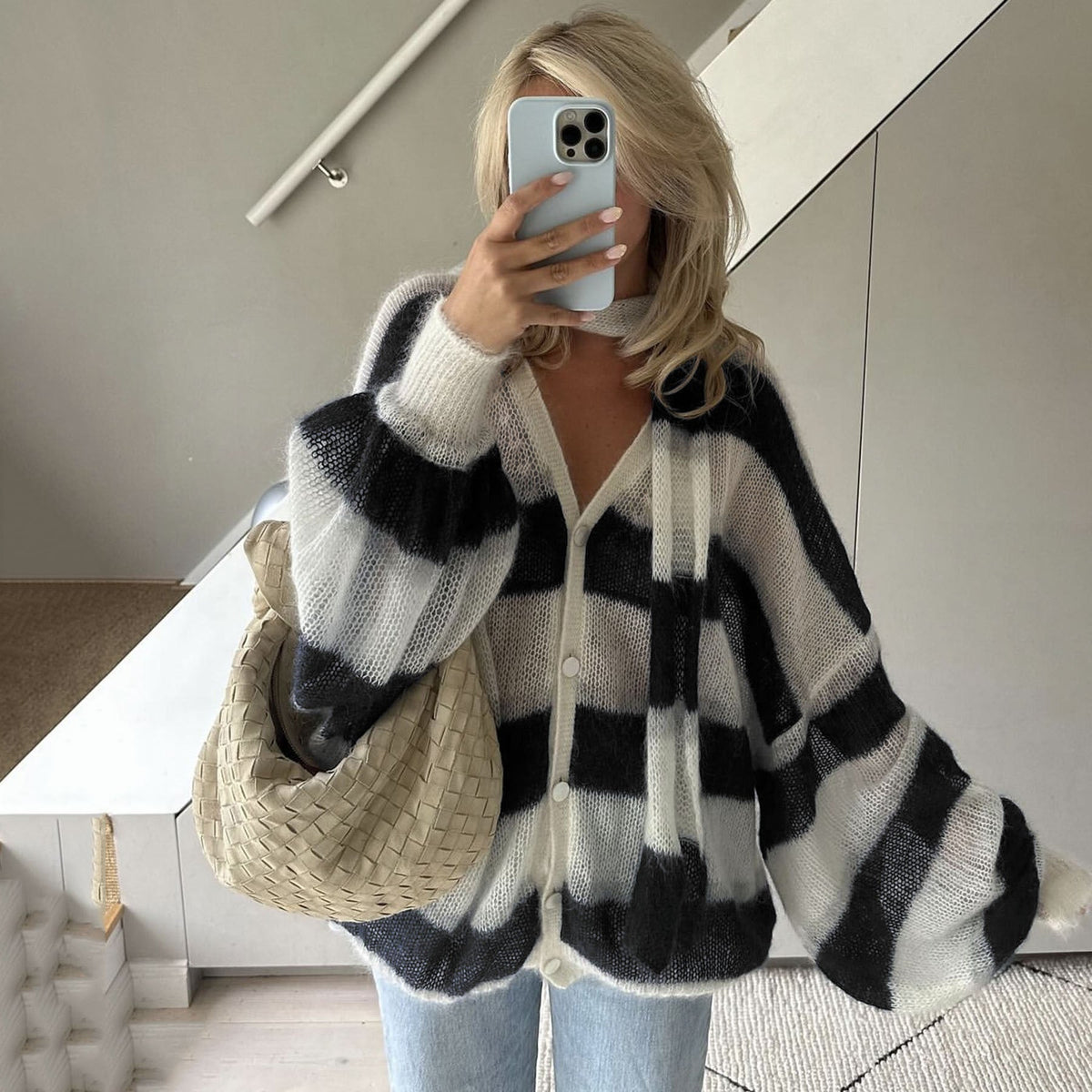 Ensemble deux pièces cardigan rayé ample et écharpe - Taille unique-6
