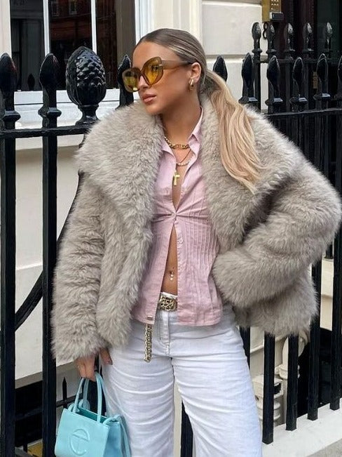 Manteau d'hiver pour femme en matière duveteuse, épais et chaud, avec revers-1