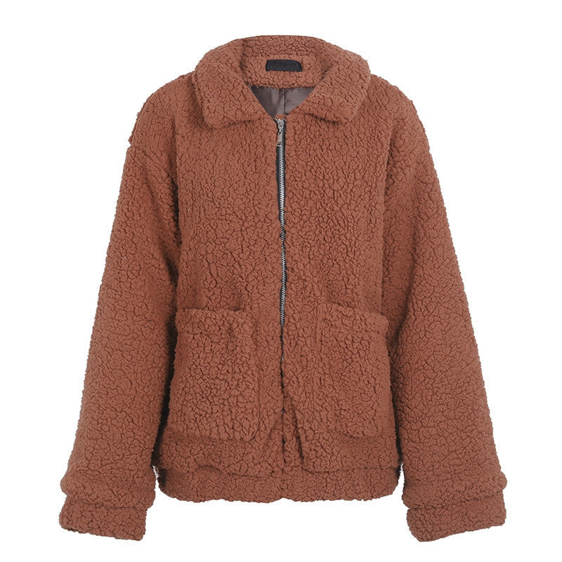 Veste oversize en fausse laine d'agneau pour femme, manteau d'hiver noir chaud-5