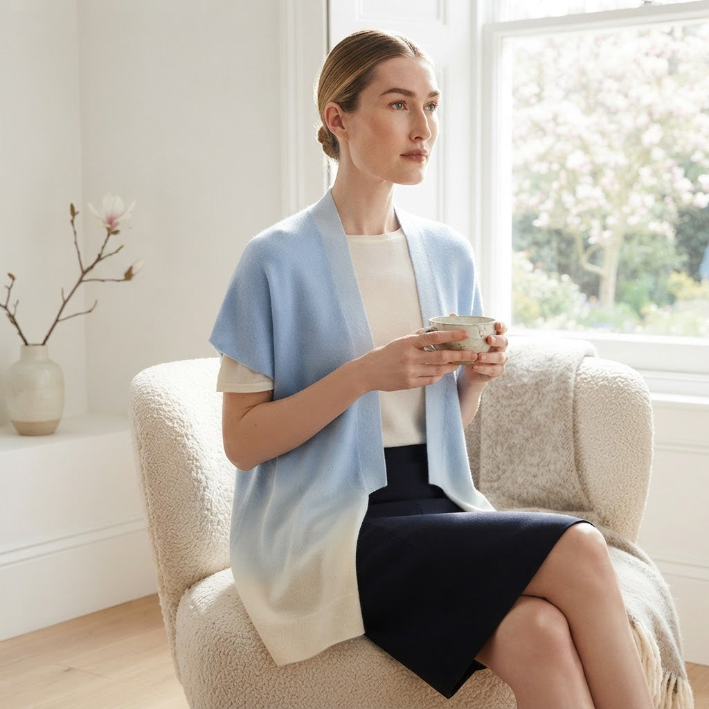 Gilet à manches courtes femme en cachemire déjaugé tie & dye blanc écru & bleu ciel - AVA 11A