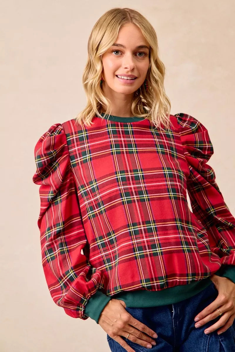BiBi Christmas Plaid Exaggerated Shoulder Sleeves Top-2