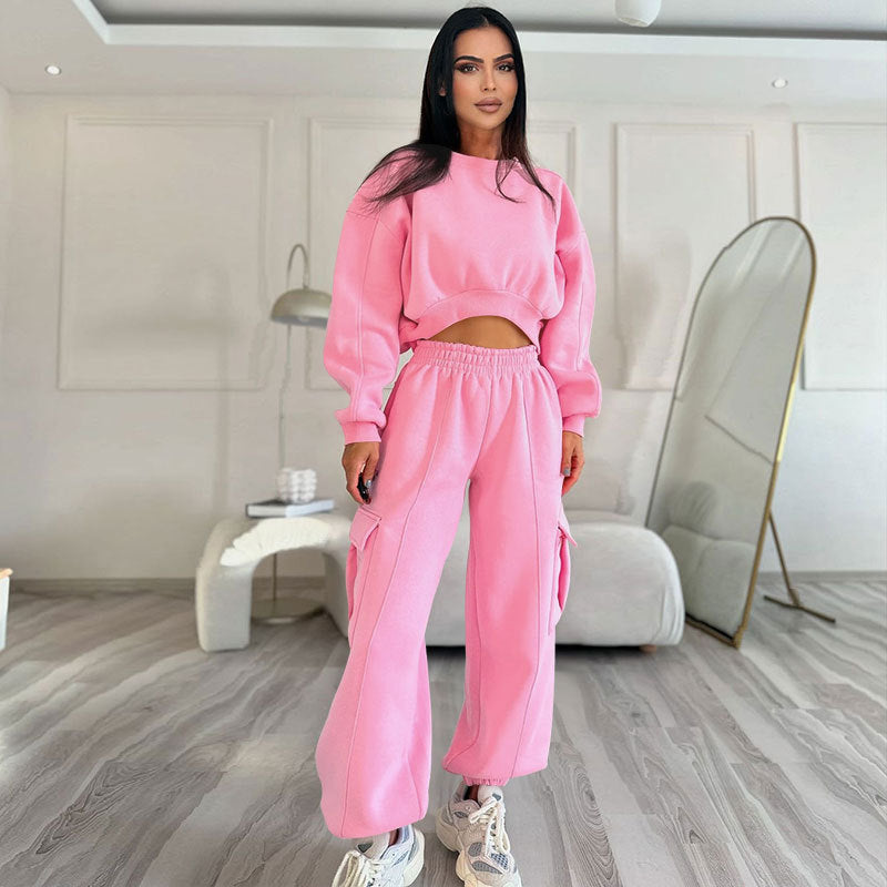 Ensemble pull taille haute et pantalon de survêtement ample pour femme avec poches-0