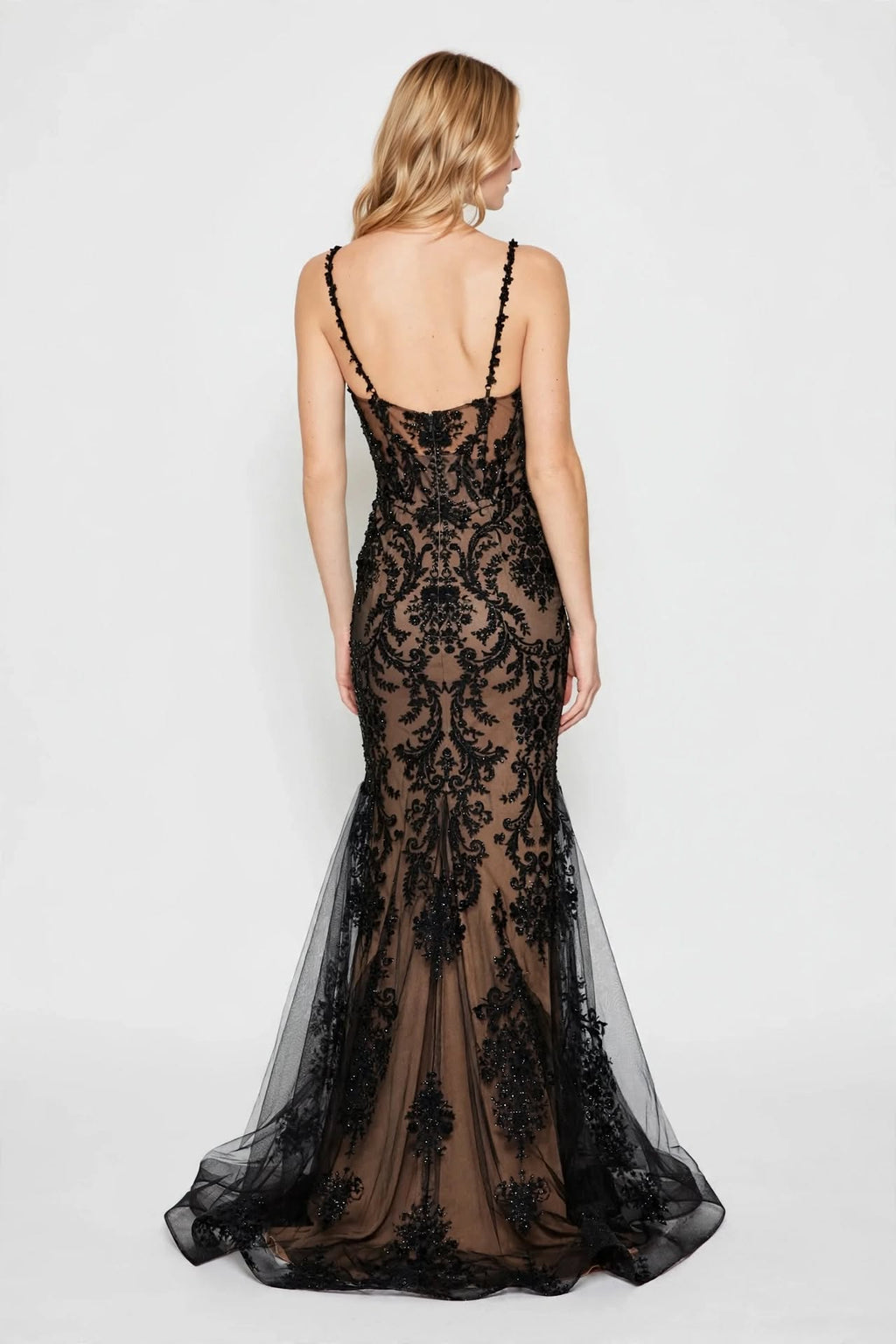 AMETHRIN - Robe Sirène Dentelle Noire Baroque - Bretelles Perlées - Gala