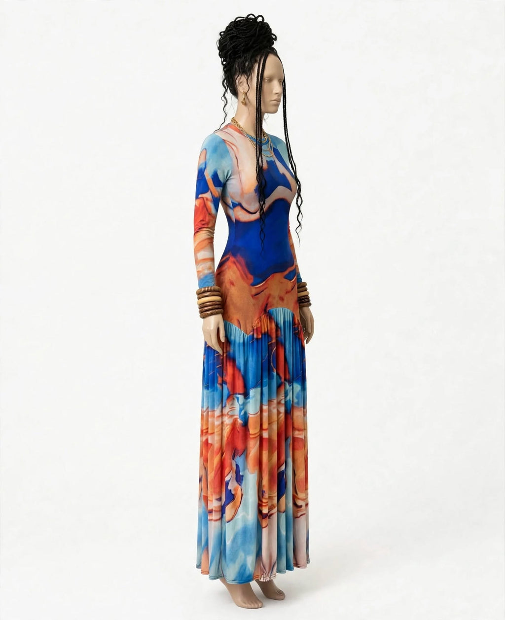 LUNA - Robe longue tie-dye plissée bleu orange
