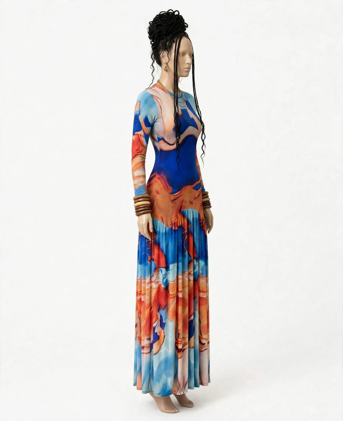 LUNA - Robe longue tie-dye plissée bleu orange