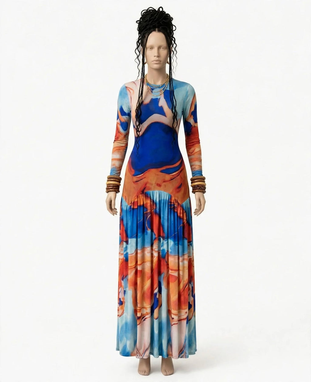 LUNA - Robe longue tie-dye plissée bleu orange