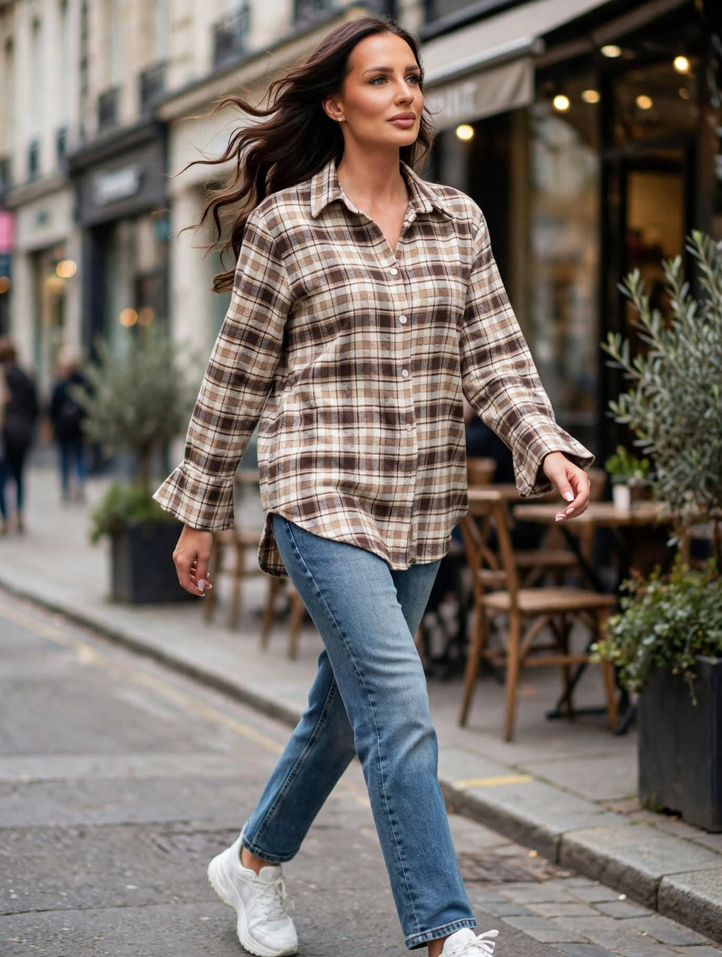 Chemise à carreaux à manches longues pour femme Makadamia, 100 % coton, fabriquée en Italie