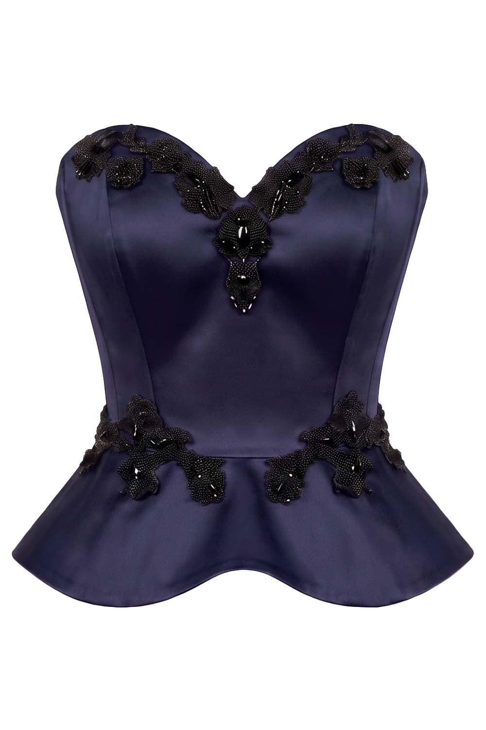 ODETTE Beaded Peplum Overbust Corset — Navy-3