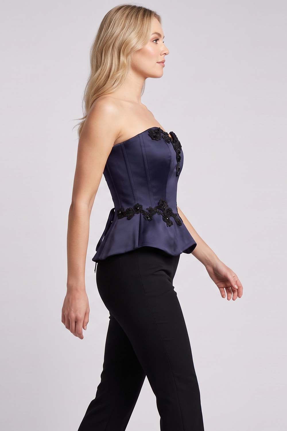 ODETTE Beaded Peplum Overbust Corset — Navy-1