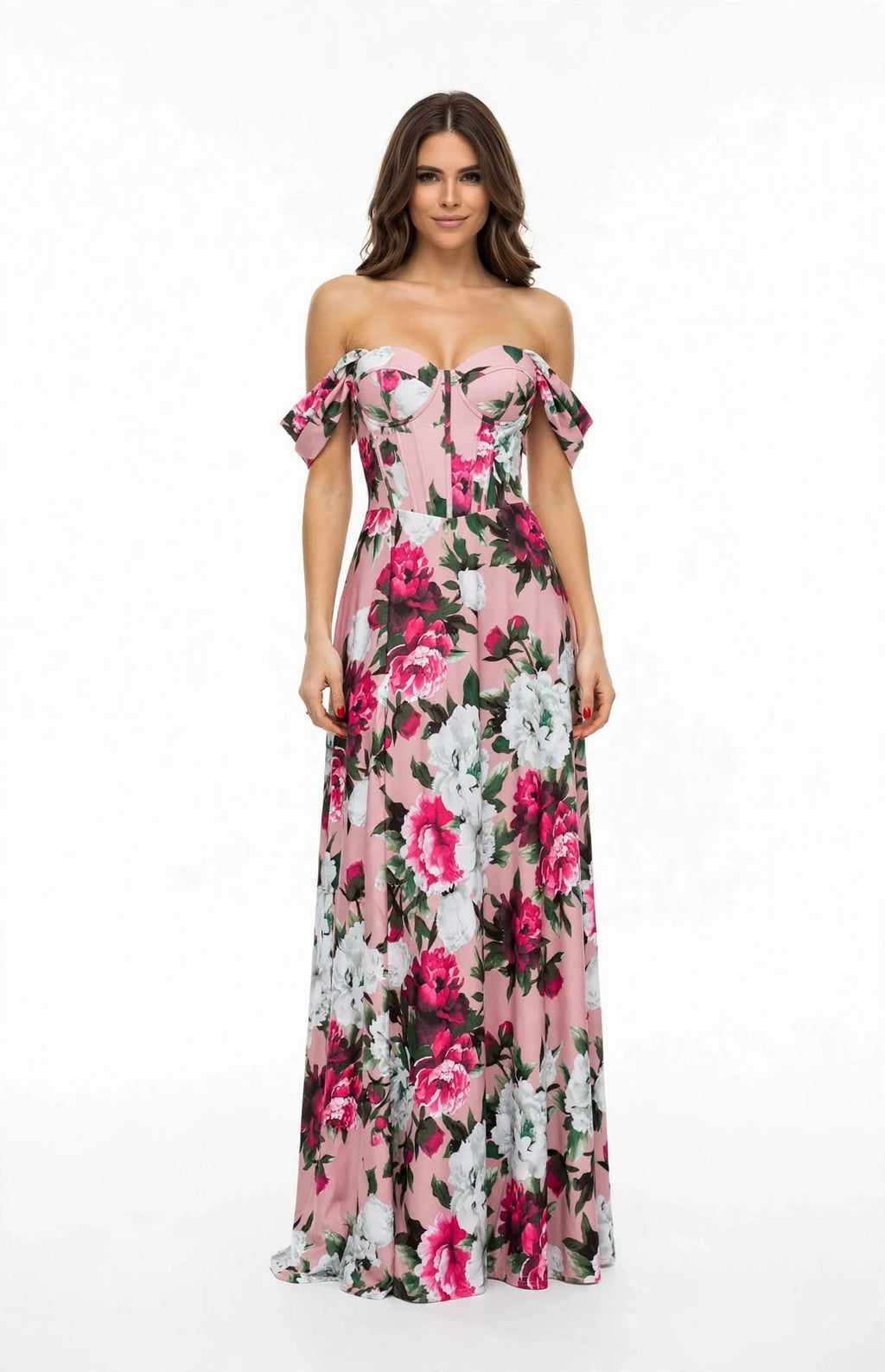 PEONY - Maxikleid mit Korsett, schulterfrei, Pfingstrosen-Print - Maßanfertigung UK