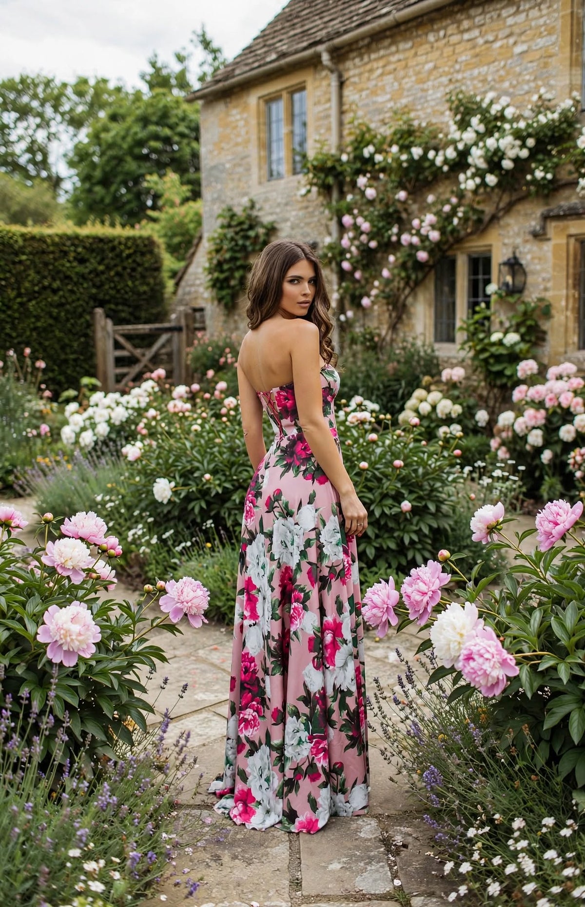 PEONY - Robe Maxi Corset Off-Shoulder Florale Pivoines - Sur Mesure UK