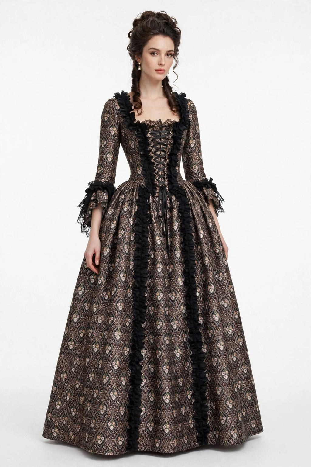 BRONZE Rokoko-Muse – Historisches Korsettkleid | Bedruckter Immortellen-Taft | Ärmel aus schwarzer Spitze TL-023